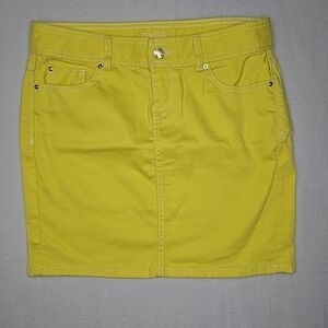 Cache womens yellow stretch jean skirt size 4 white stitching Colorblock‎